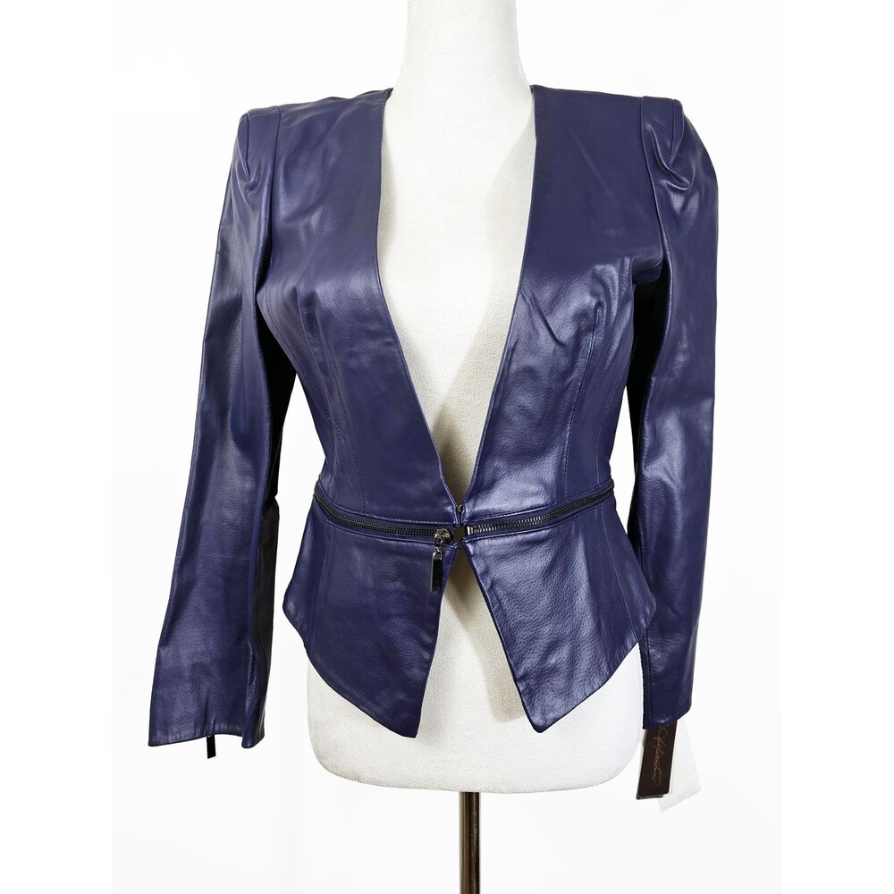 Hal Rubenstein Small Dark Purple Leather Blazer Jacket Retro Cropped
